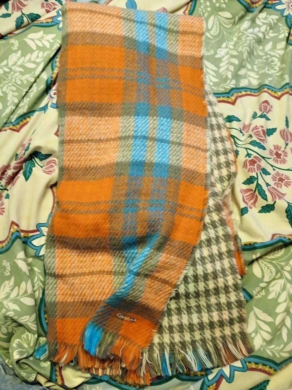 Steve Madden Brushed Plaid Blanket Wrap Scarf Orange & Blue